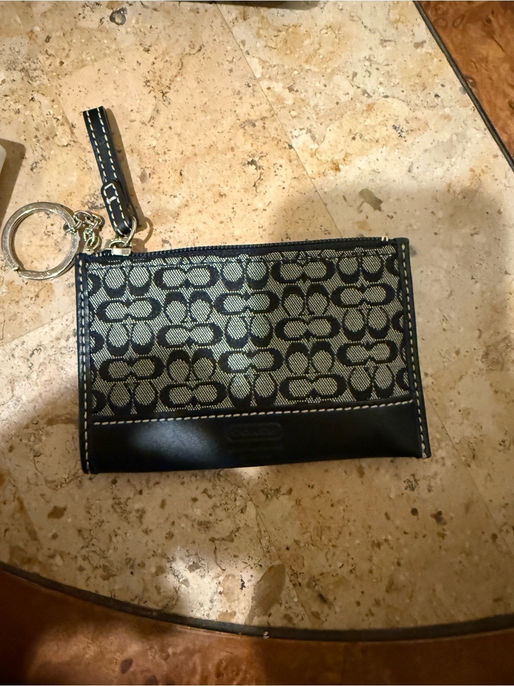 Coach Black and Khaki Signature Card Case with Keyring